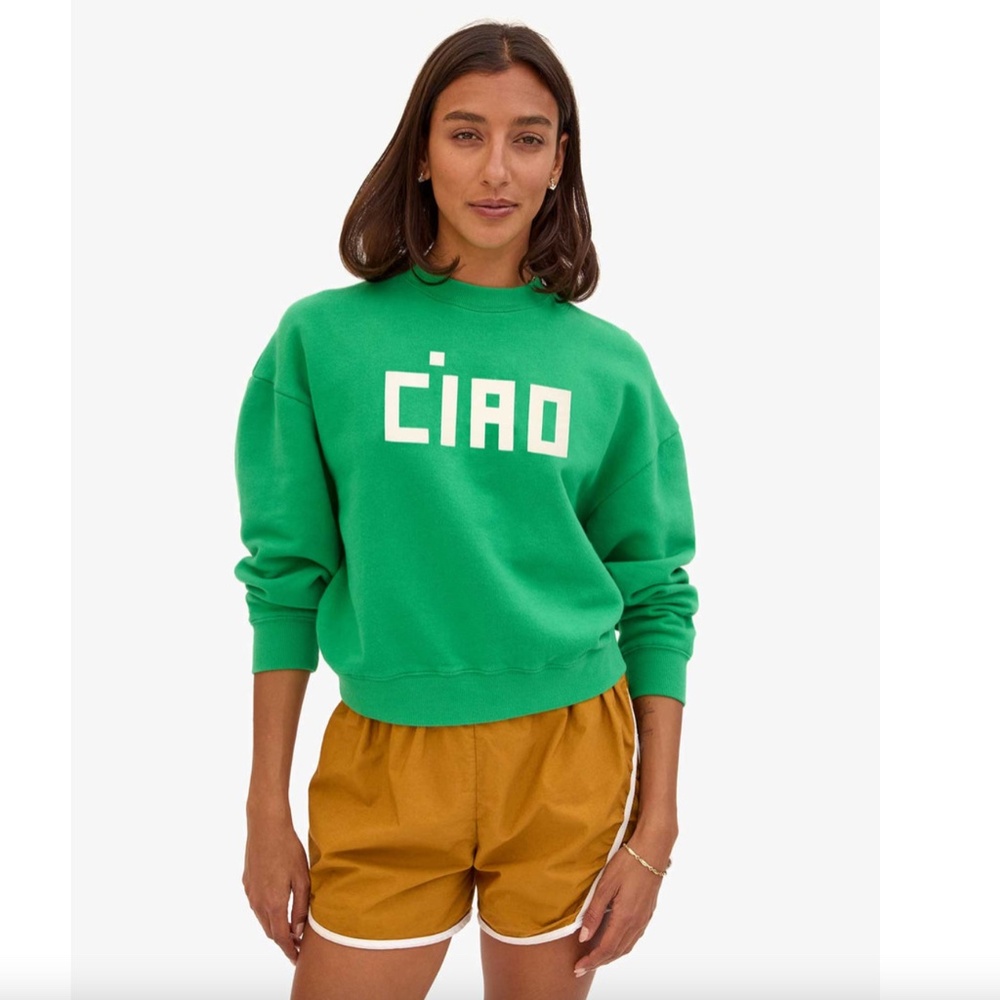 Clare V. Le Drop CIAO Sweatshirt, Kelly Green, Size Medium, Cropped, Relaxed